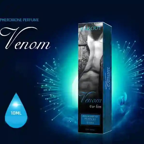 Perfume packaging labeled 'Venom' with a dark blue background and light effects.