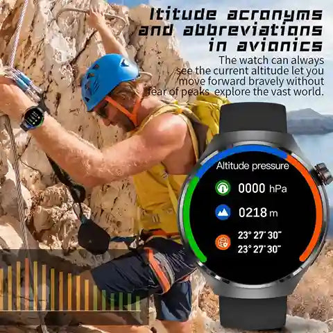 Person climbing a mountain with a smartwatch displaying altitude information.