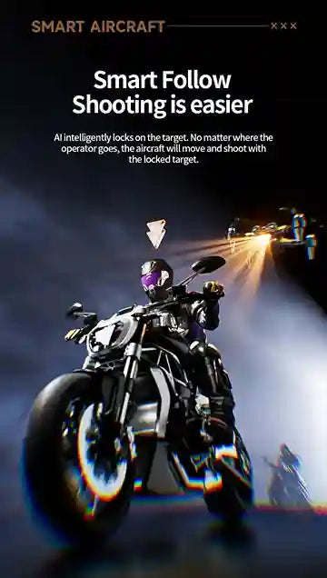 Person on a motorcycle with a helmet, surrounded by a dark background and text about smart aircraft technology.