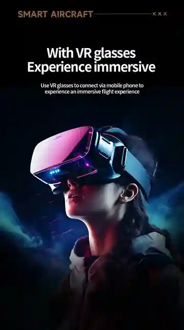 Person wearing VR glasses with text about immersive flight experience using VR glasses.