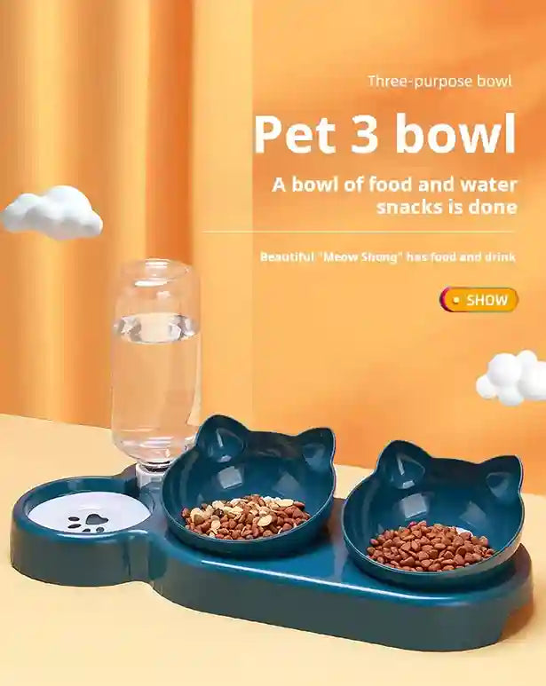Pet 3 bowl with food and water on a yellow background