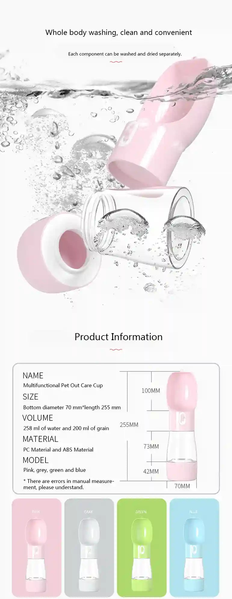 Pet care product with water splashes and product information text.