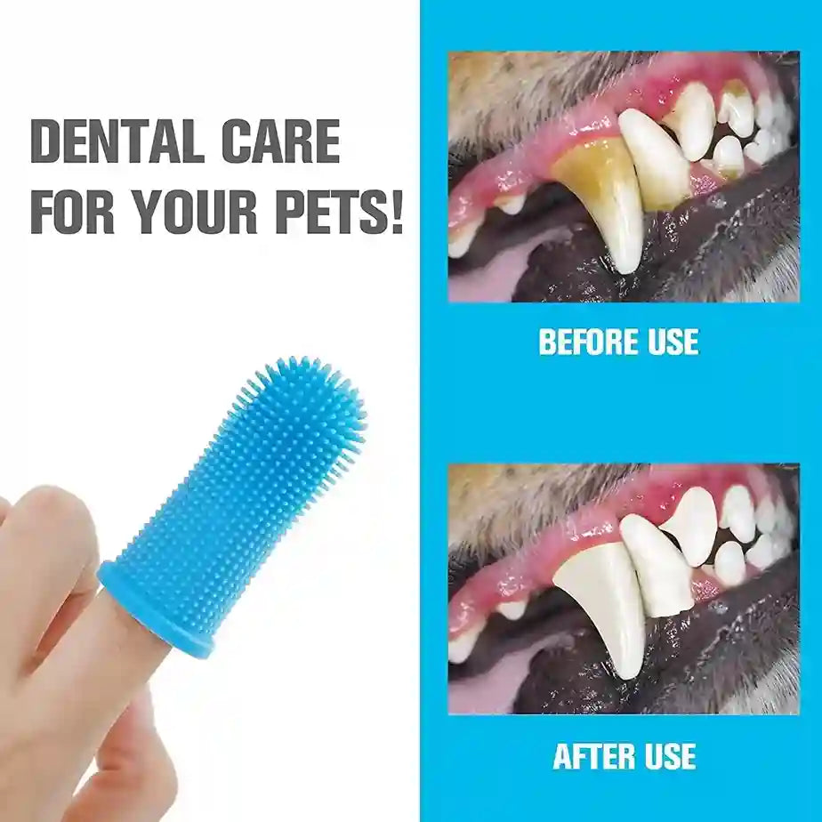 Pet dental care product with 'Before Use' and 'After Use' images of a pet's teeth.