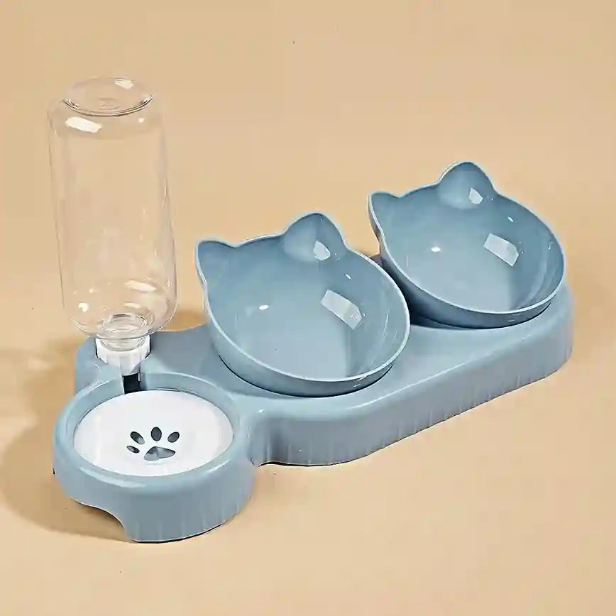 Pet feeding and water station with two bowls and a bottle on a beige background