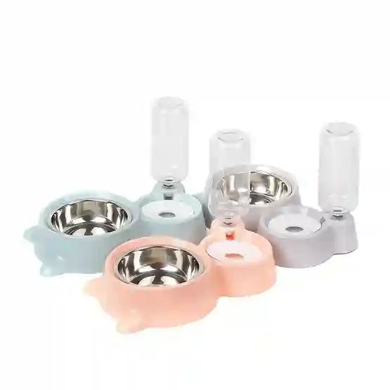 Pet feeding station with multiple bowls on a white background