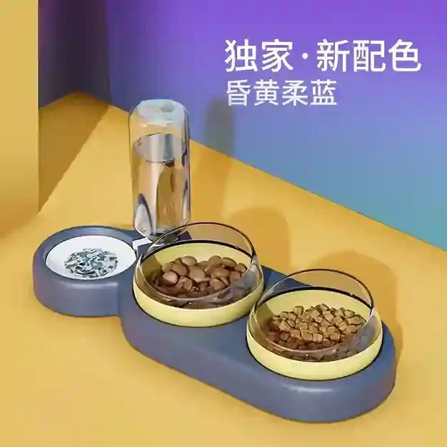 Pet feeding station with two bowls on a yellow surface
