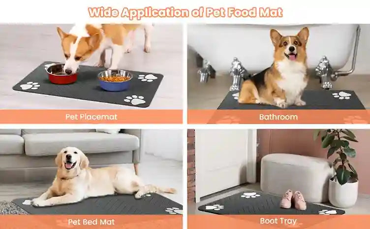 Pet food mat with various applications including pet piddle mat, bathroom mat, pet bed mat, and boot tray.