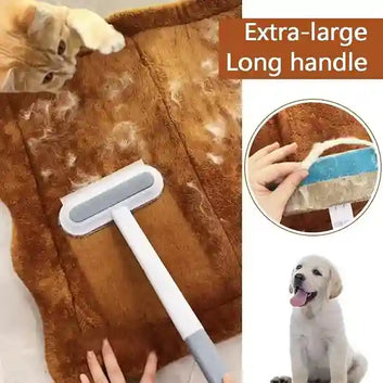 Pet grooming tool with long handle cleaning a dog's fur, accompanied by a dog and text 'Extra-large Long handle'.