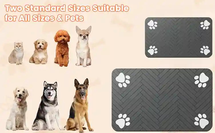 Pet mats suitable for various sizes of pets with text indicating two standard sizes.