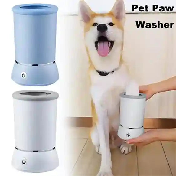 Pet paw washer with a dog and a person using it on a wooden floor.