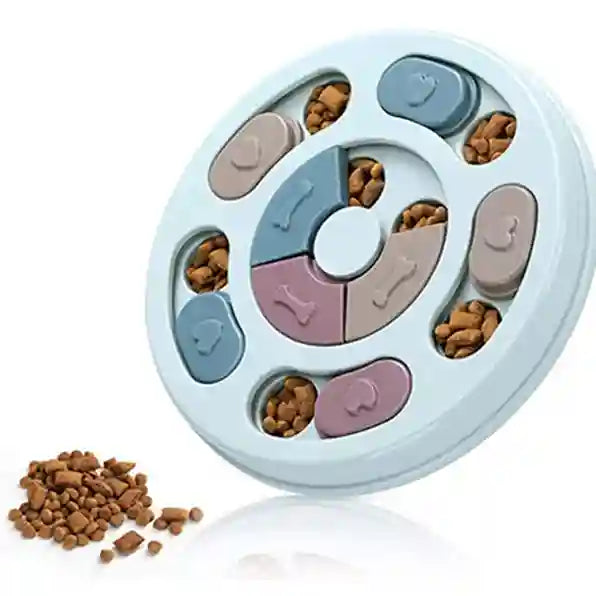 Pet puzzle toy with compartments filled with treats on a white background