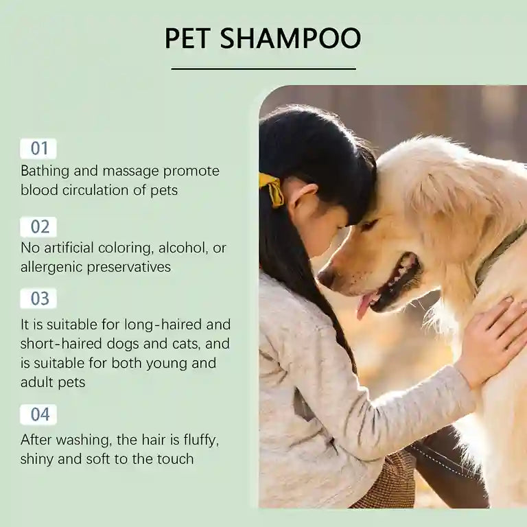 Pet shampoo advertisement with a woman petting a dog outdoors.