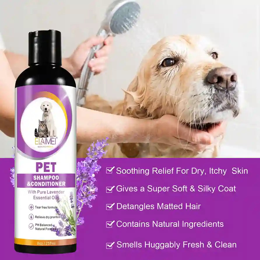 Pet shampoo and conditioner bottle with a dog being bathed in the background