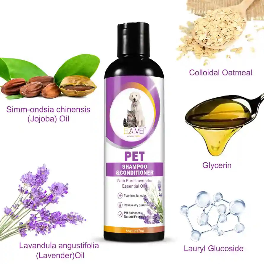 Pet shampoo and conditioner bottle with ingredients listed on a white background