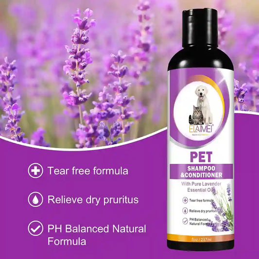 Pet shampoo and conditioner bottle with lavender flowers on a purple background