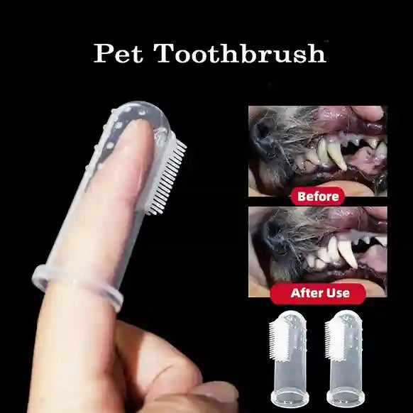 Pet toothbrush with before and after use images on a black background