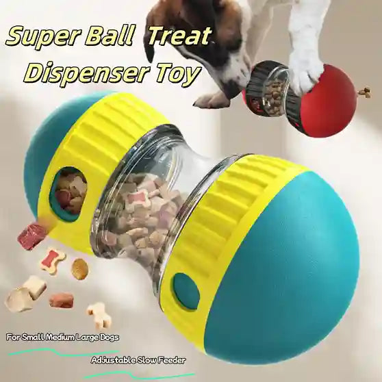 Pet toy with treat dispenser and dog interacting with it