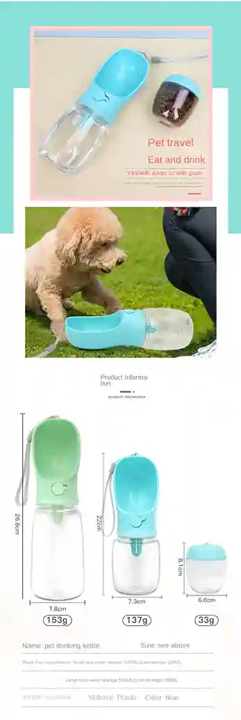 Pet travel water bottle with a dog drinking from it, shown in various angles.
