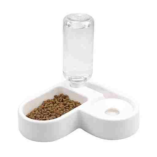 Pet water bottle and food dish on a white background