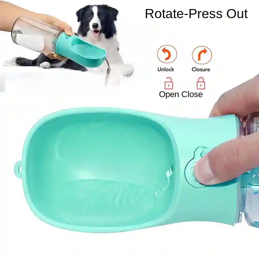 Pet water bottle with a dog drinking from it, showing how to use the bottle.