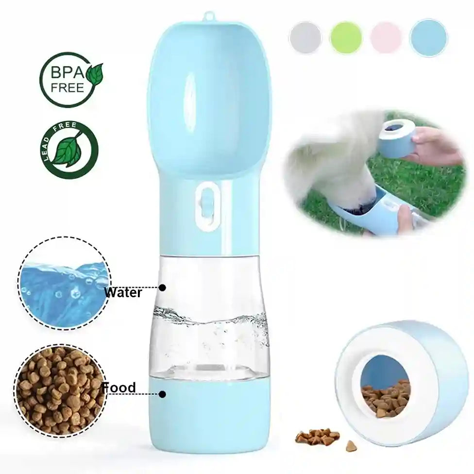Pet water bottle with food container and water droplet illustration on a white background