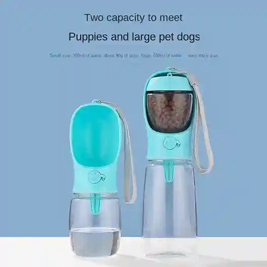 Pet water bottle with two capacity options for puppies and large pets on a light blue background.