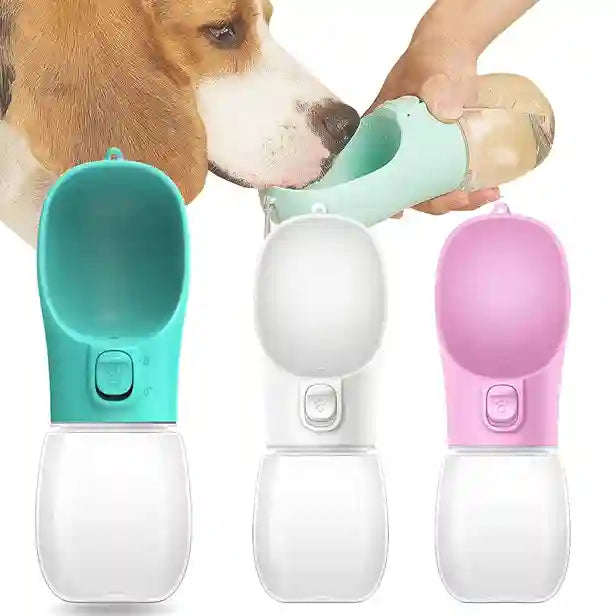 Pet water bottles in teal, white, and pink with a dog drinking from one of them.