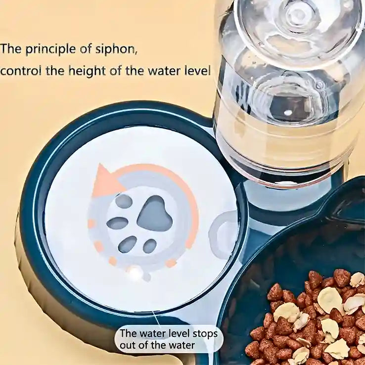 Pet water bowl with siphon mechanism on a beige background