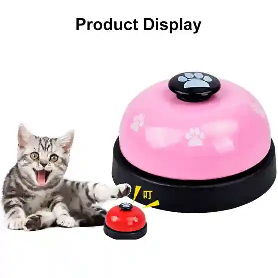 Pink and red pet bells with a cat next to them on a white background