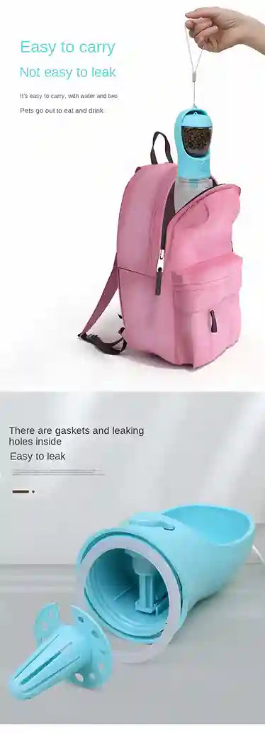Pink backpack with a blue water bottle holder attached, on a light gray background.