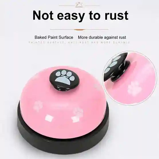 Pink bell with black paw print button and text 'Not easy to rust' on a white background