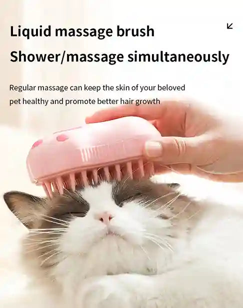 Pink liquid massage brush being used on a cat with text about its benefits.