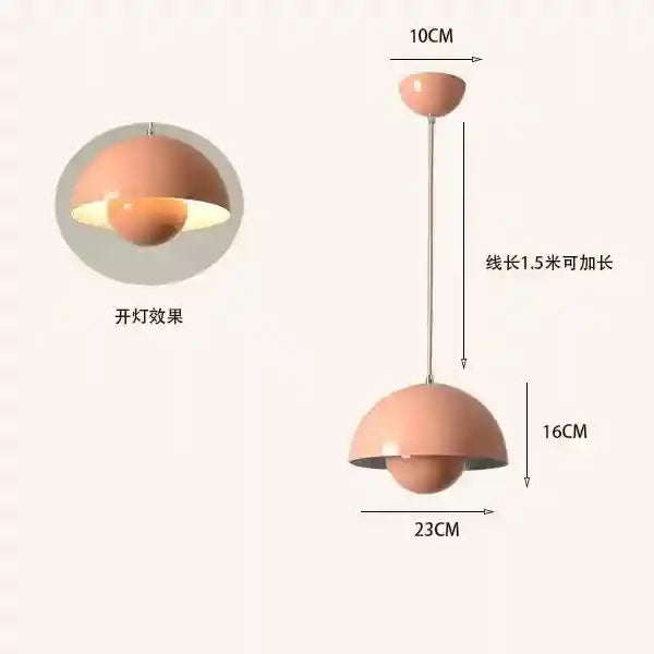Pink pendant light with measurements on a white background