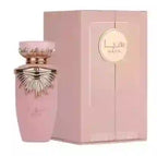 Pink perfume bottle with gold cap and matching box on a white background