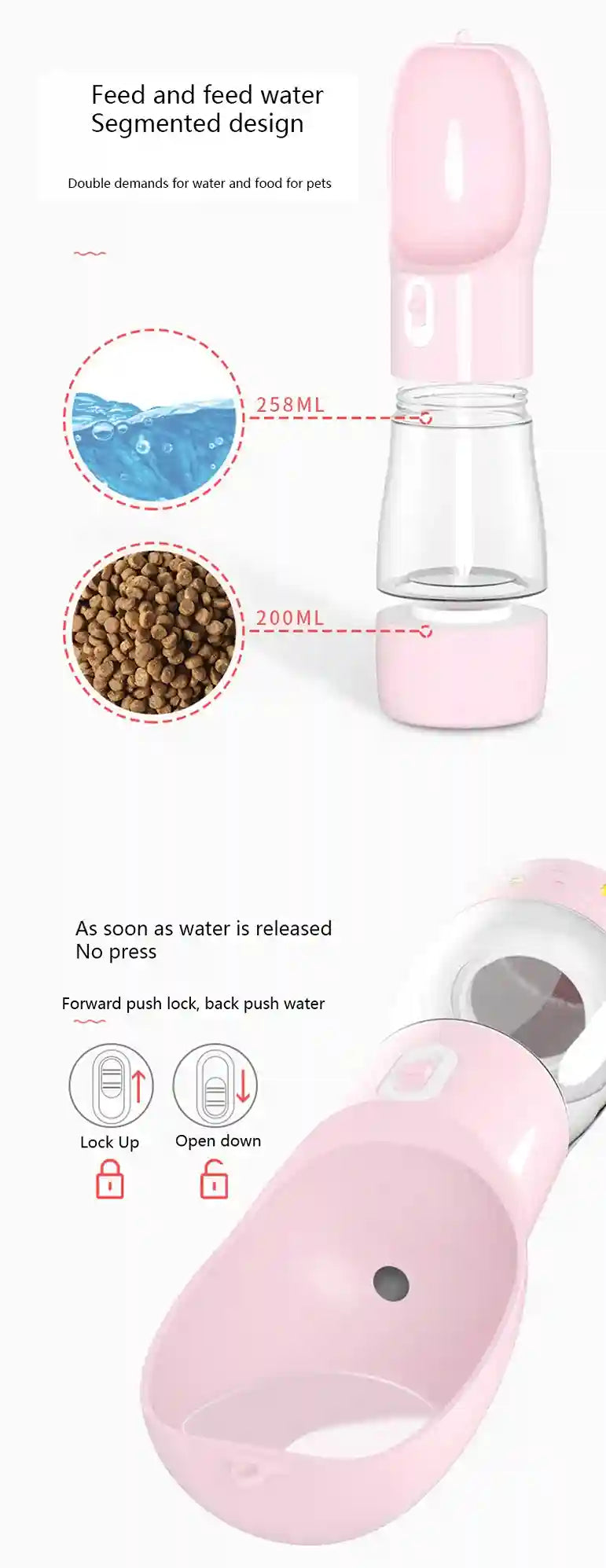 Pink pet water and food dispenser with segmented design and measurement details.