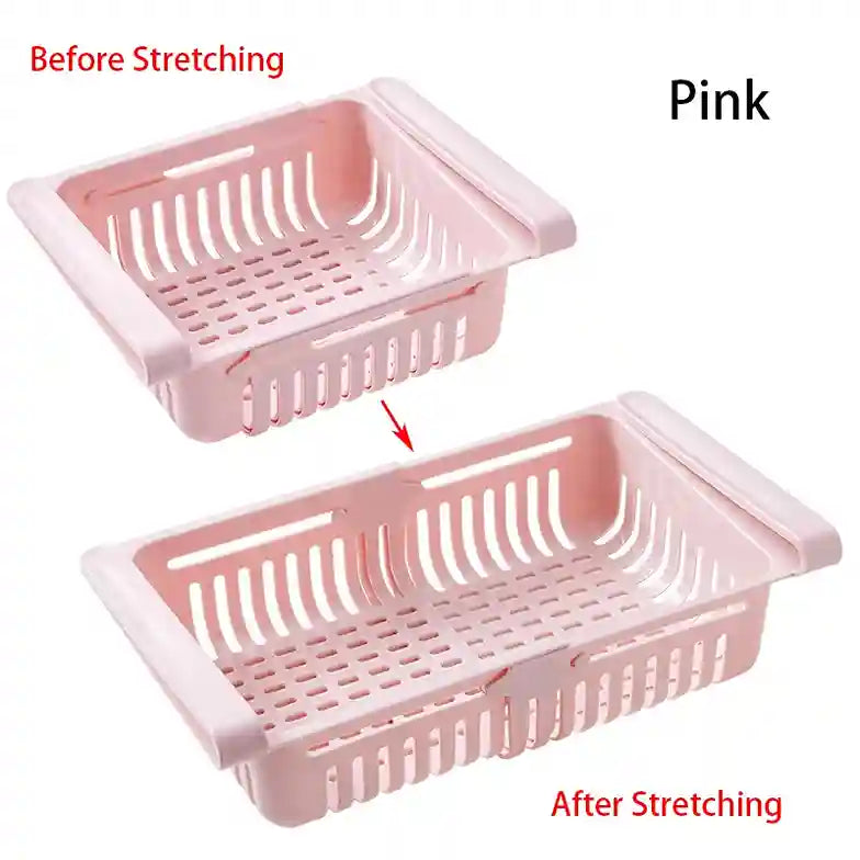 Pink plastic basket showing 'Before Stretching' and 'After Stretching' on a white background.