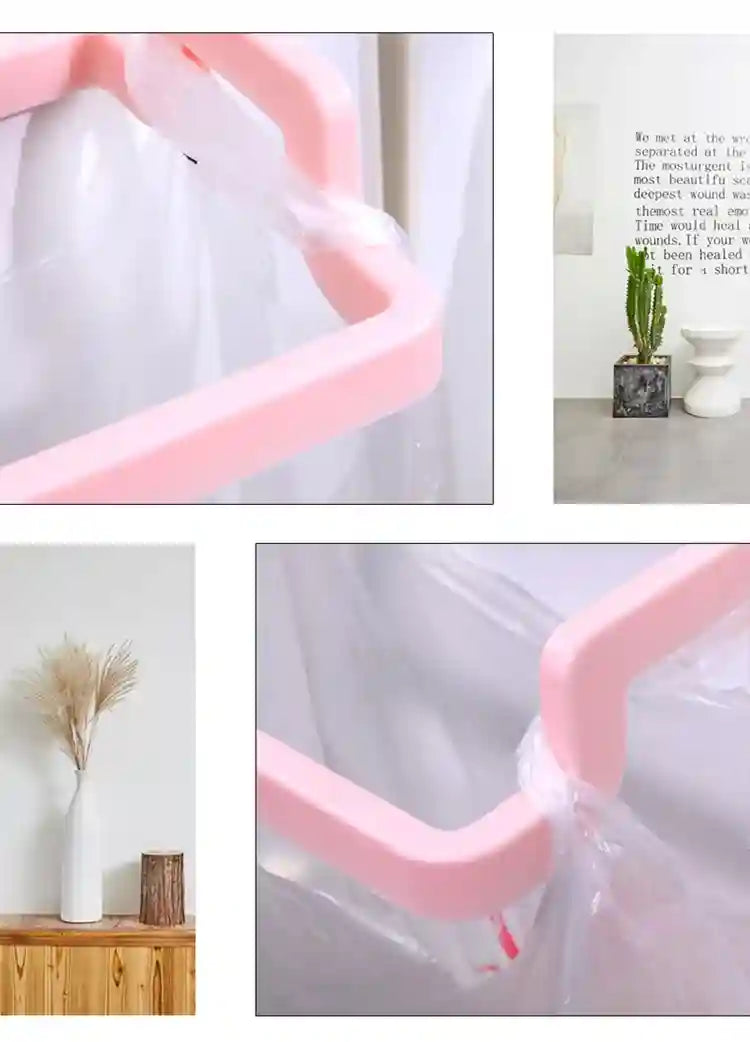 Pink plastic safety railings on a white background with a small plant and vase in the corner.