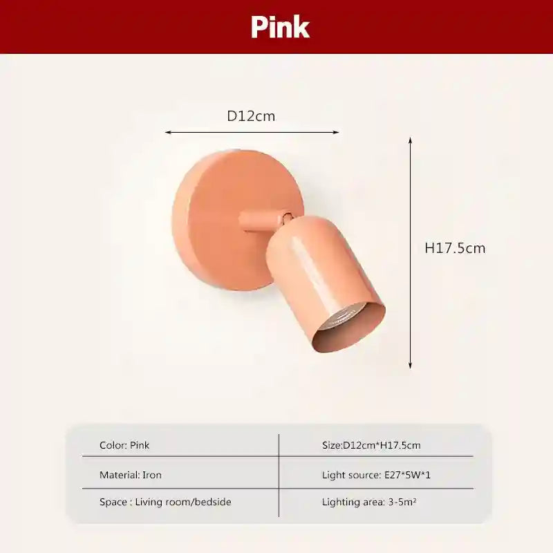 Pink wall light fixture with dimensions and specifications on a white background