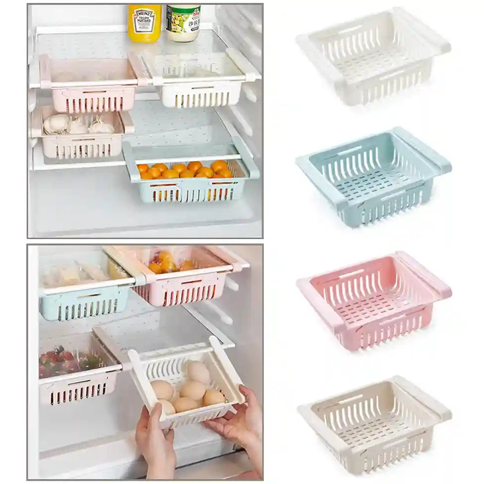 Plastic storage baskets used for organizing a refrigerator.