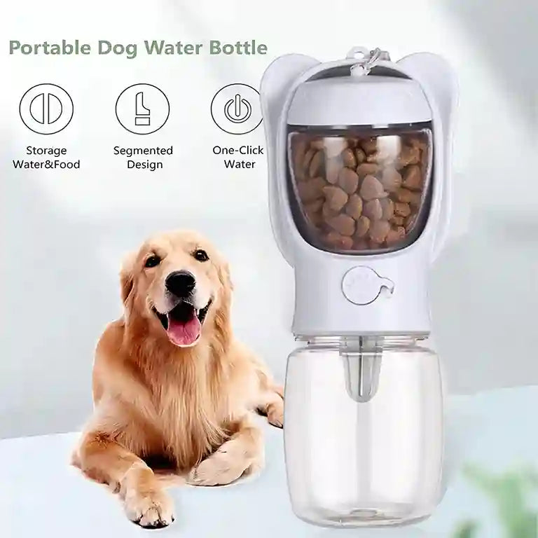 Portable dog water bottle with a dog sitting next to it on a light background