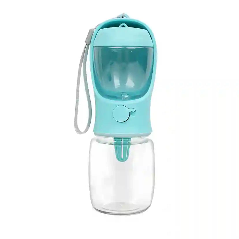 Portable pet water bottle with a clear container and turquoise top on a white background