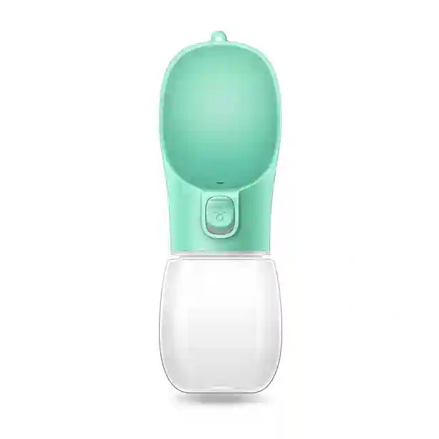 Portable pet water bottle with a green top and clear base on a white background