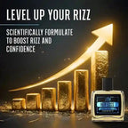 Product advertisement with gold bars and an arrow, promoting 'Level Up Your Rizz' with a perfume bottle.