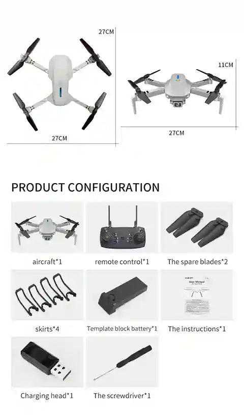 Product configuration of a drone with its components listed.