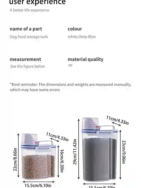 Product details of a dog food storage tank including color, material quality, and dimensions.
