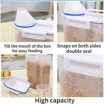 Product features of a storage container with text on ease of feeding, sealing, and capacity.