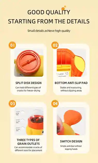 Product features with images and text on a beige background