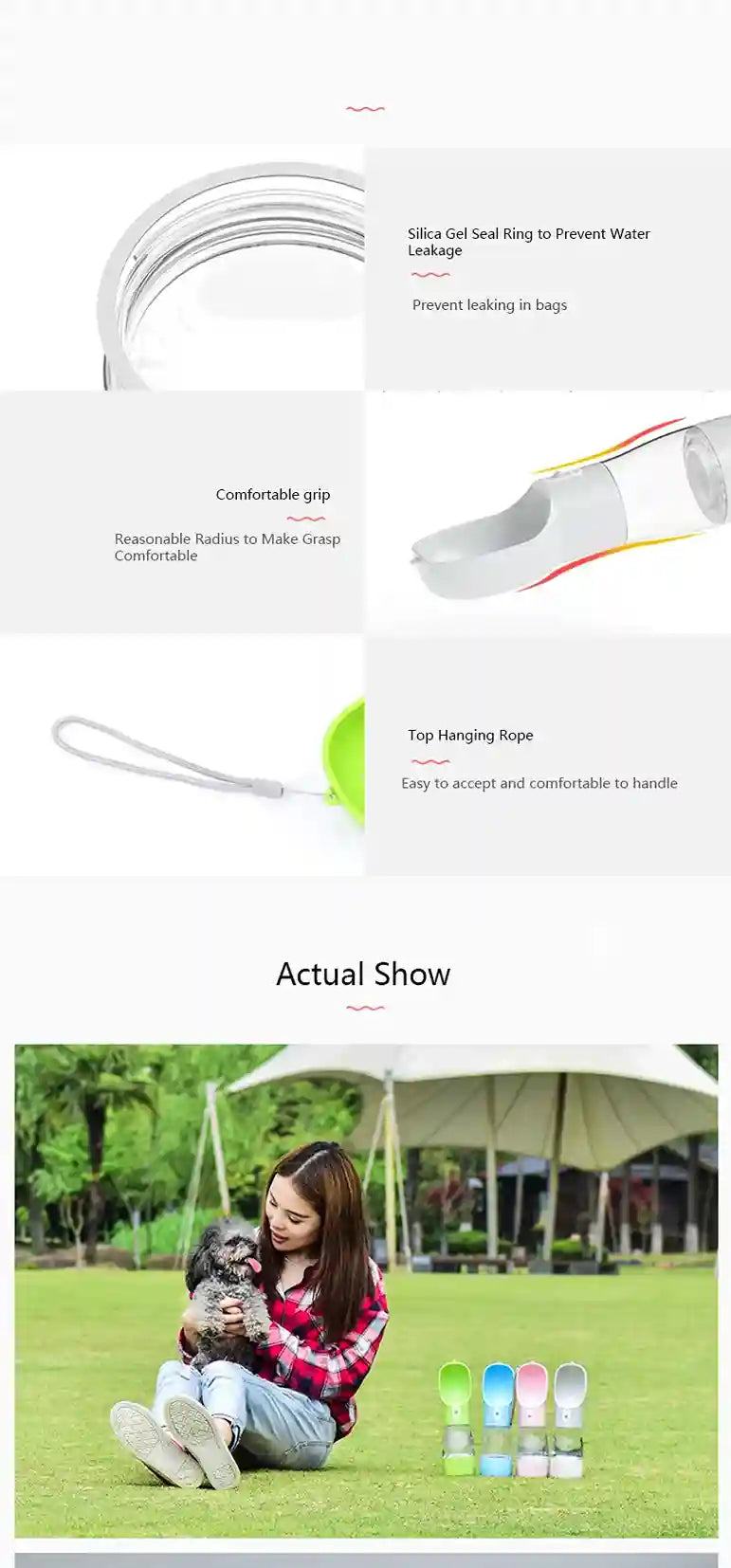 Product packaging with text and images of a person holding a dog in a park.