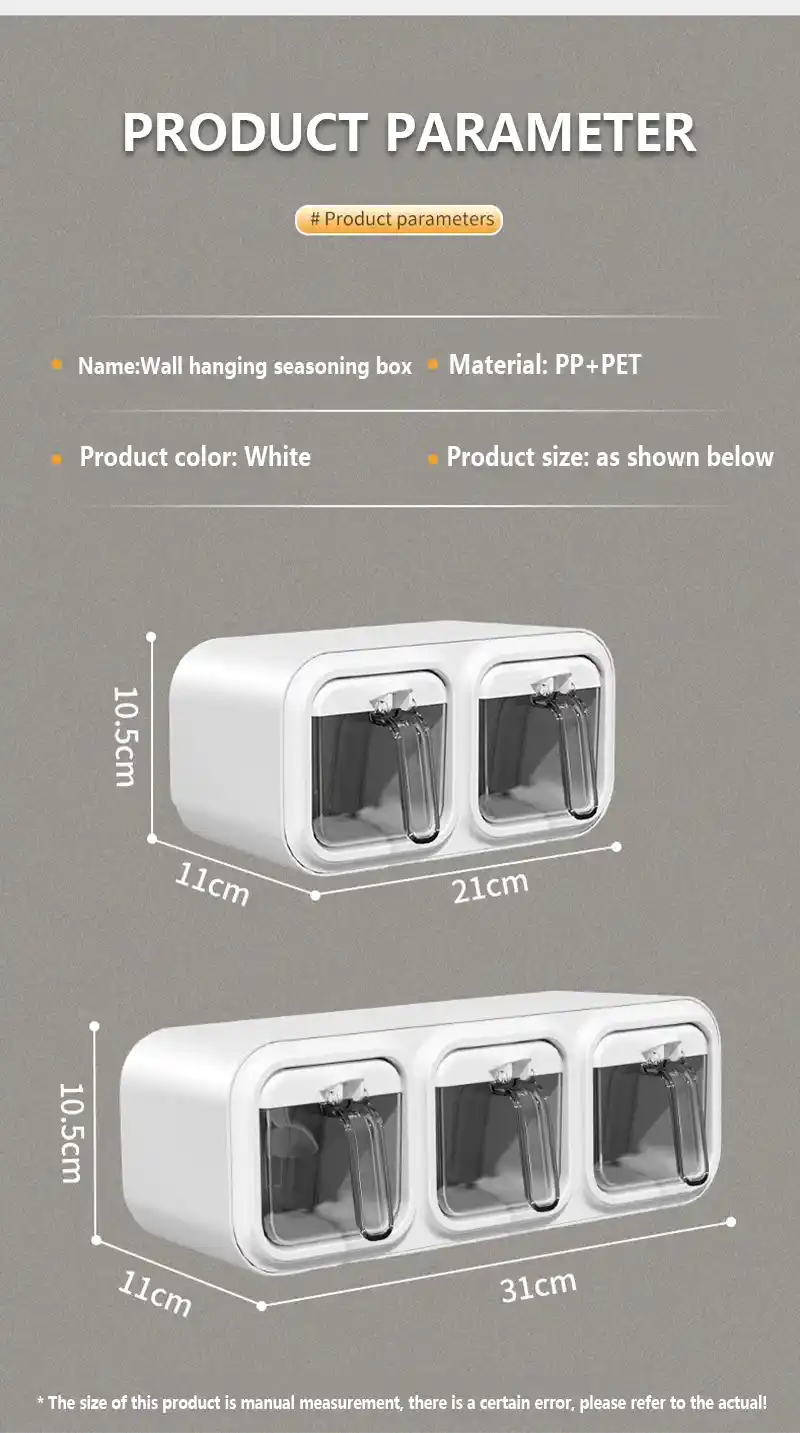 Product parameter card for a wall-hanging seasoning box with dimensions and material details.