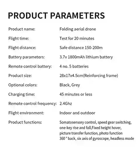 Product parameters of a folding aerial drone on a white background